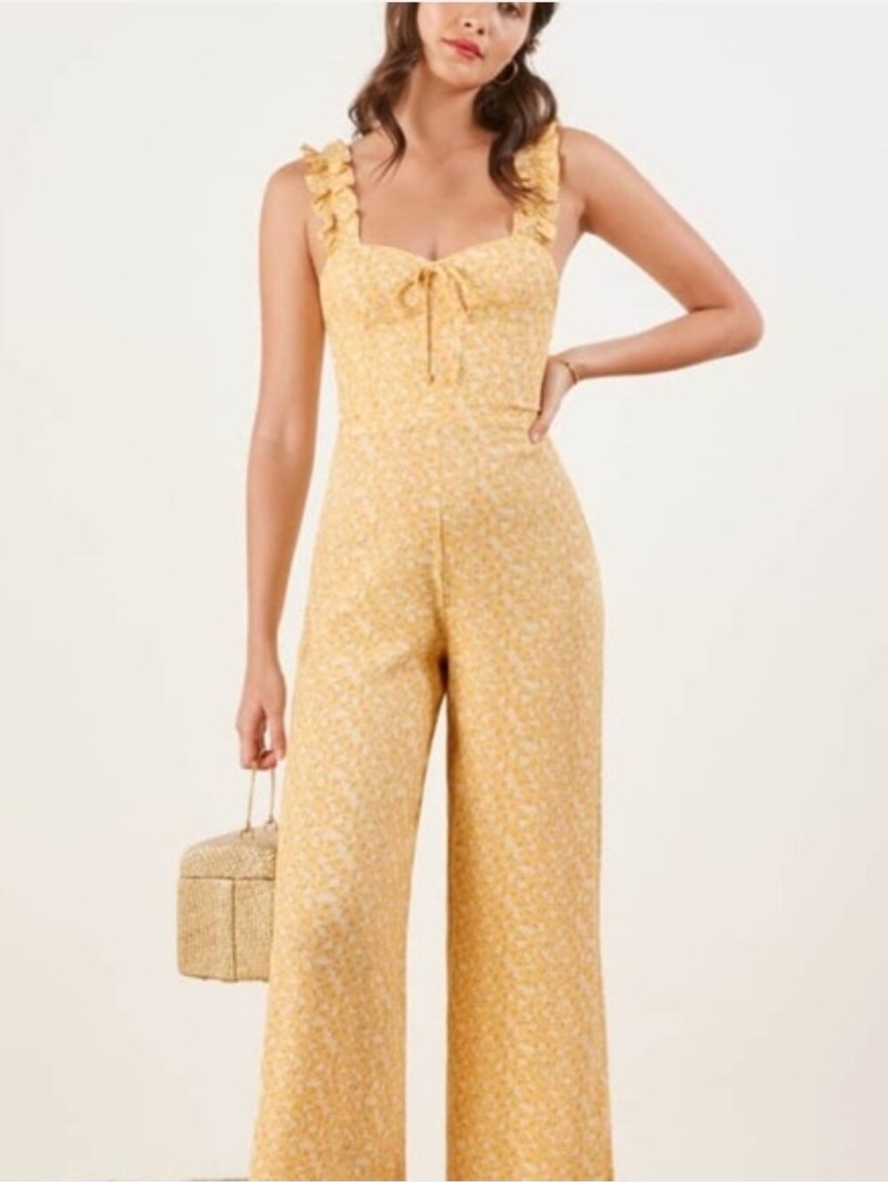 Reformation Yellow Floral Ruffled-Strap Wide Leg Jumpsuit